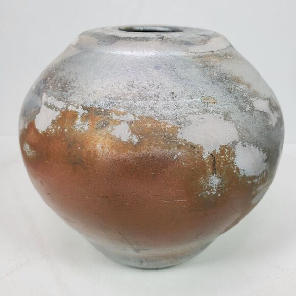 Vintage Raku Handmade BOHO Vase Bowl ART 6x6 Inch Distressed Signed Pottery - Picture 4 of 6